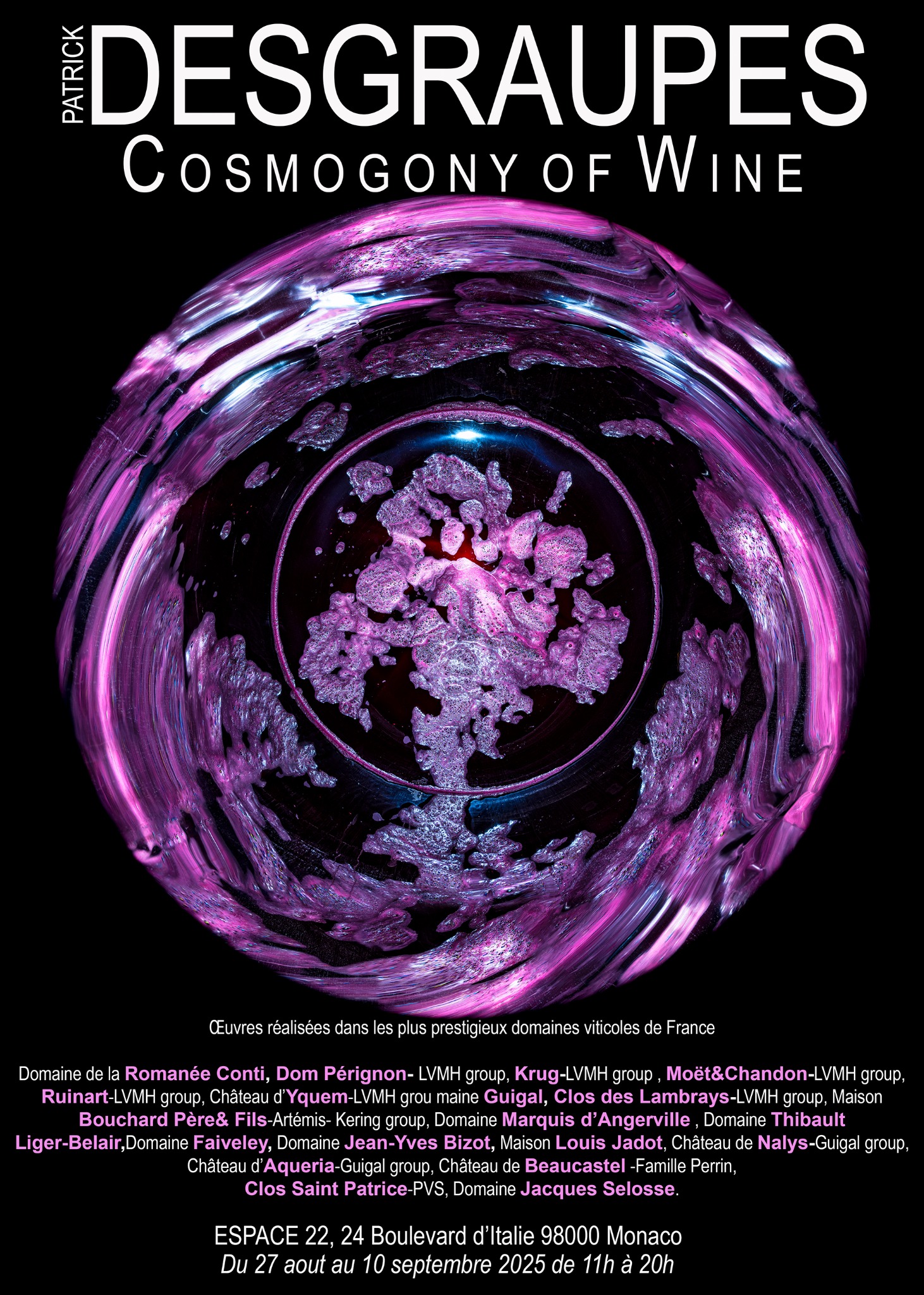 Invitation for Patrick Desgraupes Cosmology of Wine exhibition at Espace 22 in Monaco, 27 August to 10 September 2025